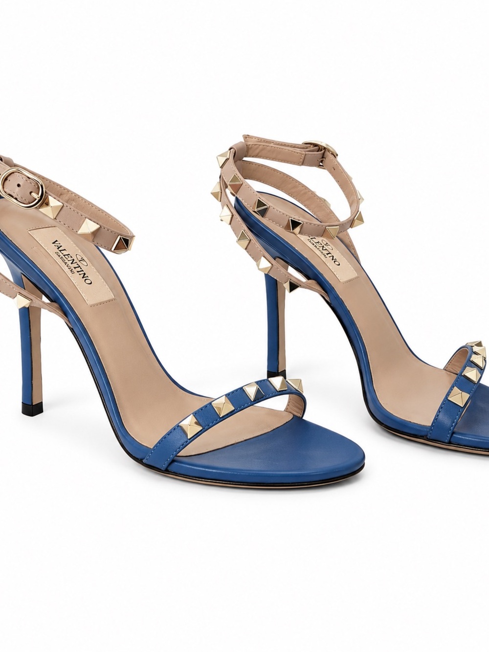 Valentino Blue Leather Rockstud Ankle-Strap Sandals with Nude Straps